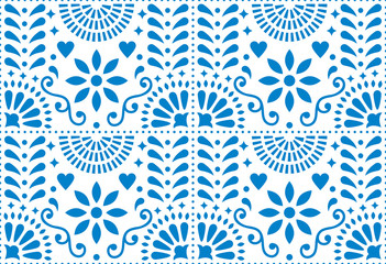 Folk art vector seamless pattern, Mexican blue design with flowers inspired by traditional art form Mexico  