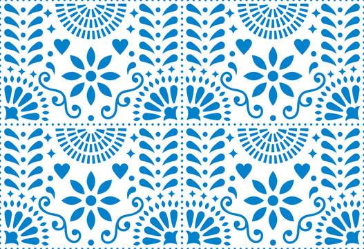 Folk art vector seamless pattern, Mexican blue design with flowers inspired by traditional art form Mexico  