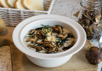 creamy soup of forest mushrooms, dill, eggs and cream - Kulajda