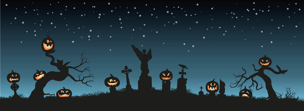 Holiday Halloween. Black silhouettes of pumpkins on the cemetery on night sky background. Graveyard and broken trees