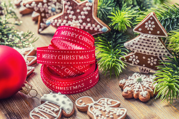 Christmas. Christmas ribbon pastry gingerbread and decoration