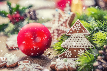 Christmas. Christmas ball pastry gingerbread pine cone and decoration in snowy atmosphere