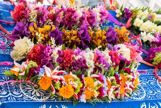 Garlands of flowers in French Polynesia, traditional flowers crowns
