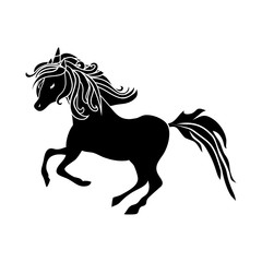 Unicorn. Magic Cute unicorn silhouette. Stylish icon, vintage. Hand drawn vector illustration, black on white, isolated unicorn body. Black jumping fictional fairy animal.