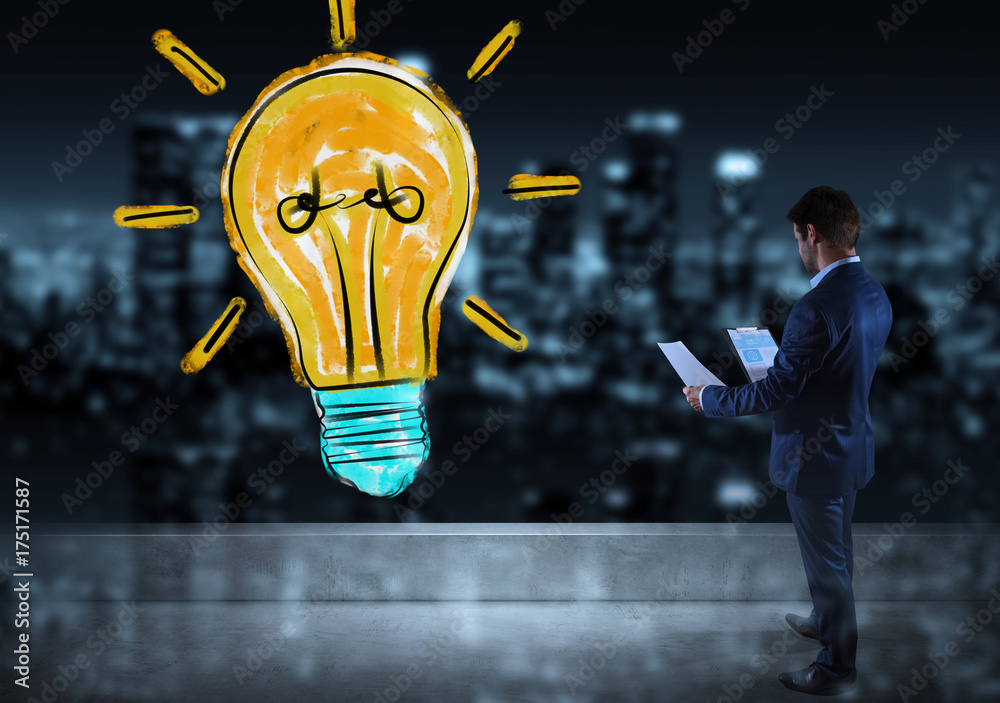 Poster businessman watching lightbulb sketch on a rooftop 3d rendering