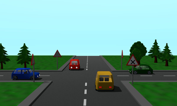 Straßenkreuzung: Rechts vor links Regelung mit vier Autos und Schildern