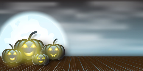 Paper art of Halloween night in fullmoon background with pumpkin on old wood,vector