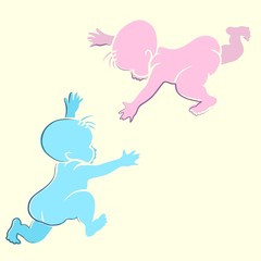 Stencil images of children which stretch each other hands on the vanilla background. Vector pink and blue silhouettes of two newborn babies.
