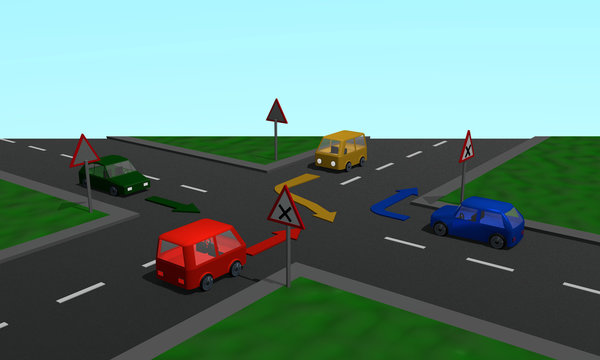 Road crossing: Right before left Regulation with four cars, signs and arrows,