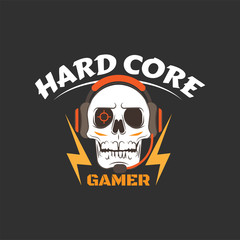 Hard core gamer logo with white skull, earphones, microphone, lightning and aiming in eye.
Gaming profile avatar.