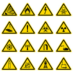 Warning and hazard symbols on yellow triangles vector collection