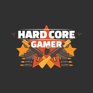 Hard core gamer logo with crossed guns, bullets, stars and hand grenade.
Gaming profile avatar.