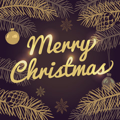 Happy Merry Christmas holiday vector greeting card with fir branches and gold typography