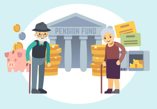 Happy senior old people saving pension money. Characters for retirement plan and personal finance program vector concept