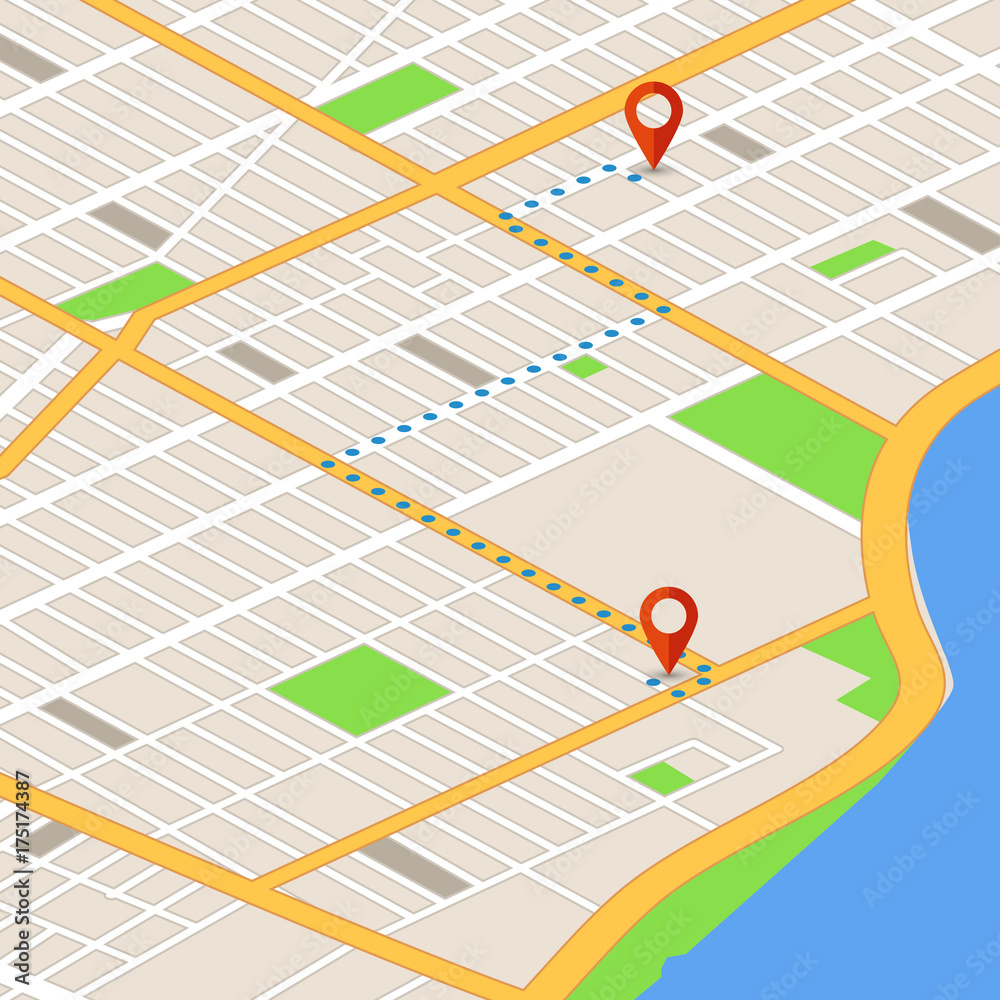 Poster isometric 3d map with location pins. gps navigation vector background