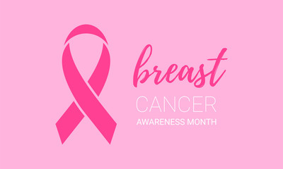 Breast cancer awareness month symbol emblem with vector pink ribbon sign on pink background. Vector red ribbon icon with breast text lettering.