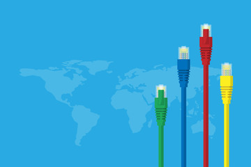 LAN cables with world map on light blue background, connection and technology concept