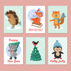 Happy new year vector flyers. Merry christmas postcard with cute winter animals