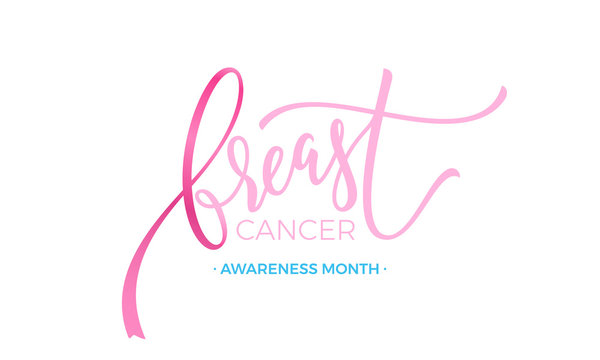 Breast cancer awareness month lettering emblem with pink ribbon on white background