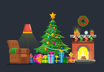 Fototapeta premium Cartoon living room with xmas tree and fireplace. Christmas holiday vector flat concept