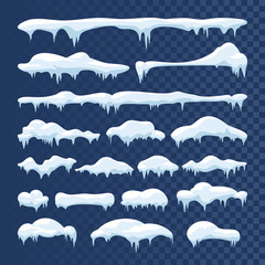 Snow and ice vector frames. Winter cartoon snow caps, snowdrifts and icicles - obrazy, fototapety, plakaty