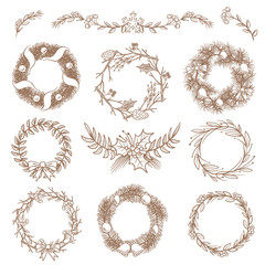 Christmas hand drawn wreaths, border frames with fir branch vector doodle design elements