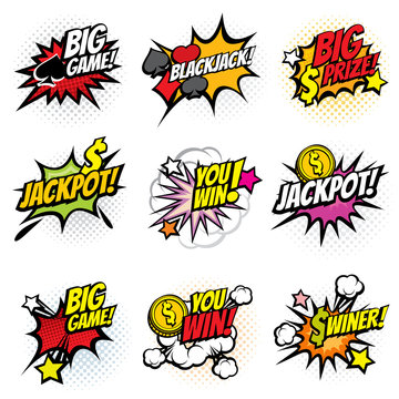 Vector winning game bubble stickers in retro pop art comic style