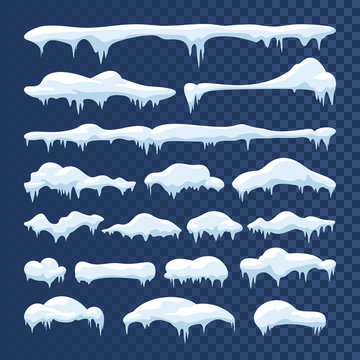 Snow and ice vector frames. Winter cartoon snow caps, snowdrifts and icicles