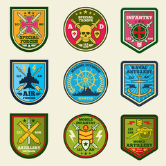 Naklejka premium Military patches vector set. Army forces emblems and labels