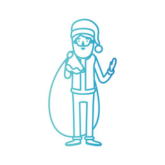 santa claus caricature full body with gift bag hat and costume on gradient color silhouette from blue to purple