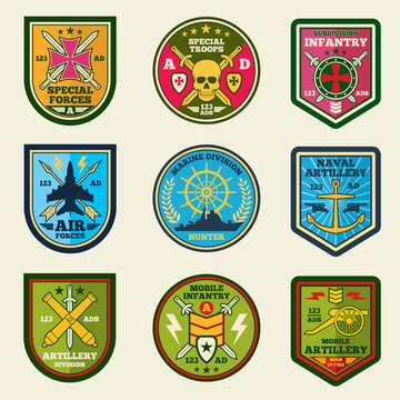 Military patches vector set. Army forces emblems and labels