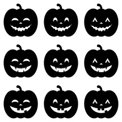 Set of Halloween happy pumpkins. Black vector icons on white background