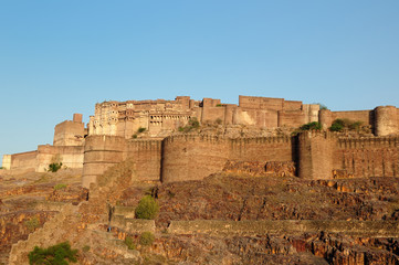 Majestic citadel of Mehrangarh on the hill near Jodphur city. Rajasthan India