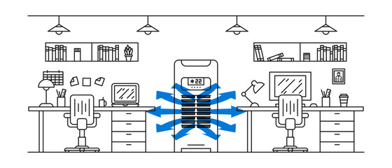 Office floor air conditioner vector illustration. Open space office room with vertical air conditioner (ac) line art concept.
