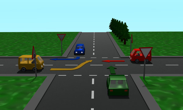 Straßenkreuzung mit den Schildern Vorfahrt und Vorfahrt gewähren und Richtungspfeilen