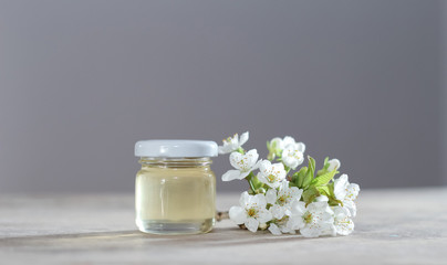 Fototapeta na wymiar Spring honey and cherry flower on rustical table