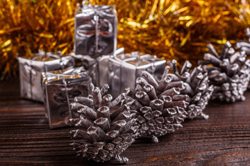 Christmas composition on a wooden rustic background