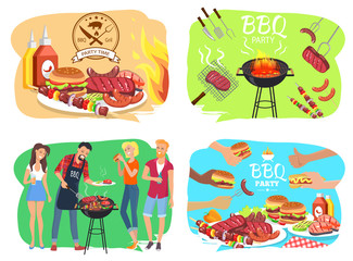 Barbecue Party with Roasted Meet Illustrations Set