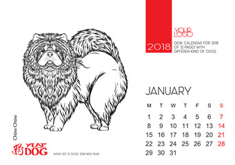 The desktop calendar page for 2018 with the image of a dog, a symbol of the Chinese horoscope for 2018.
