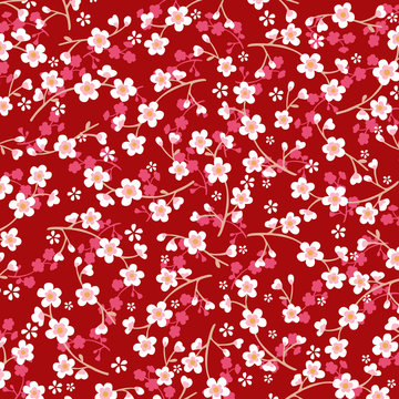 Japanese Cherry Blossom Pattern On Pink Backgroud