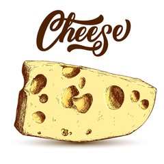 Hand drawn cheese with custom lettering, colorful draft sketch isolated on white background. Vintage food vector illustration.