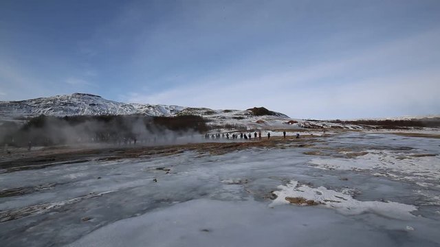 Geyser eruption with high column of vapor (Iceland)