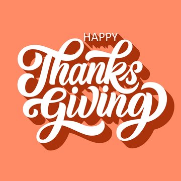 Happy thanksgiving brush hand lettering with 3d shadow, on retro red white background. Calligraphy vector illustration. Can be used for holiday type design.