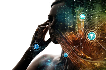 AI(Artificial Intelligence) concept. Woman profile and smart city. Mixed media.
