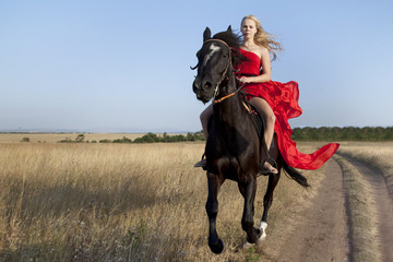 Horse run gallop and girl rider sitting in the saddle