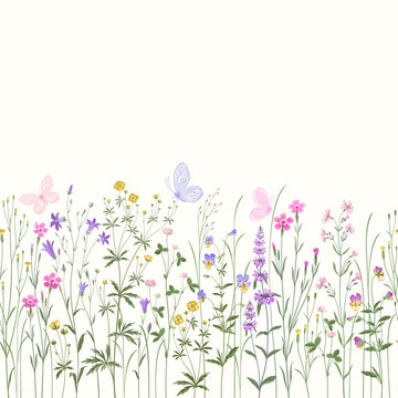 seamless floral border with meadow flowers and buttwerflies