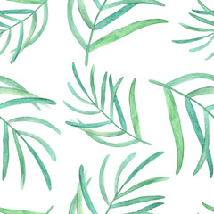 Watercolor tropical palm leaves seamless pattern on white background.