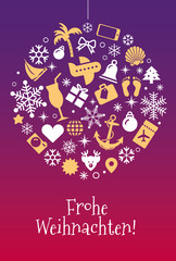 Weihnachtskarte Reisebüro mit Kugel aus kleinen Weihnachtssymbolen und Reisesymbolen