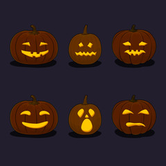Set of Carved Scary Pumpkins, Jack-o-Lantern on Black Background, Halloween Holiday , Vector Illustration