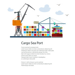 Cargo Seaport and Text, Unloading Containers from a Ship at the Docks with Cargo Crane, International Freight Transportation, Poster Brochure Flyer Design, Vector Illustration